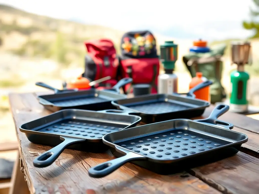 A high-quality photograph showcasing a variety of Blackstone griddles available at Weaver's Store in Spring Mills, set against a backdrop of camping gear and grilling accessories.