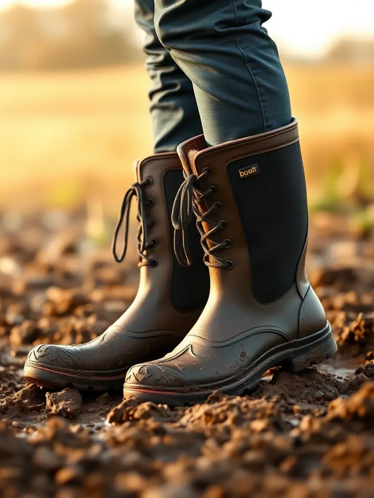 A pair of Muck Boots standing in a muddy field, demonstrating their waterproof capabilities and suitability for outdoor activities and gardening.