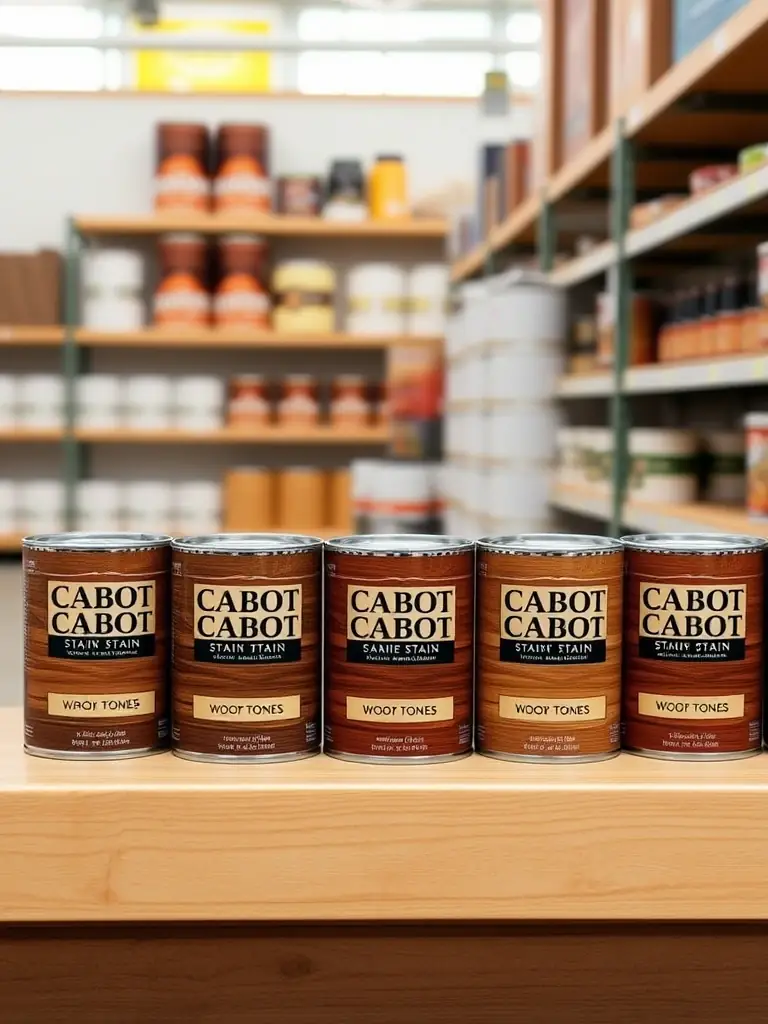 A photograph of Cabot stain products displayed on a shelf, emphasizing the wood tones and protective qualities, in the Weaver's Store Leola paint department.