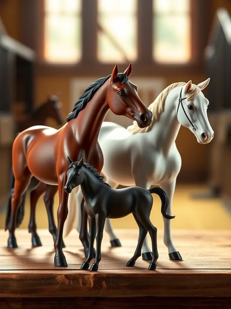 A display of various Breyer horses, some standing individually and others in stable sets. The lighting highlights the detail and craftsmanship of the models.