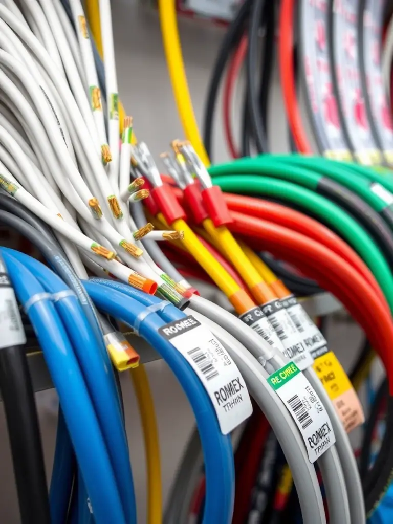A close-up shot of various types of electrical wiring, including Romex, THHN, and flexible conduit, neatly arranged on a shelf in the Leola store's electrical section.