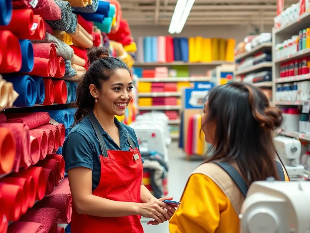 A photo of a Weaver's Store Denver employee assisting a customer in the sewing and crafts section, surrounded by colorful fabrics, threads, and sewing machines. The image should convey a sense of personalized service and expertise.