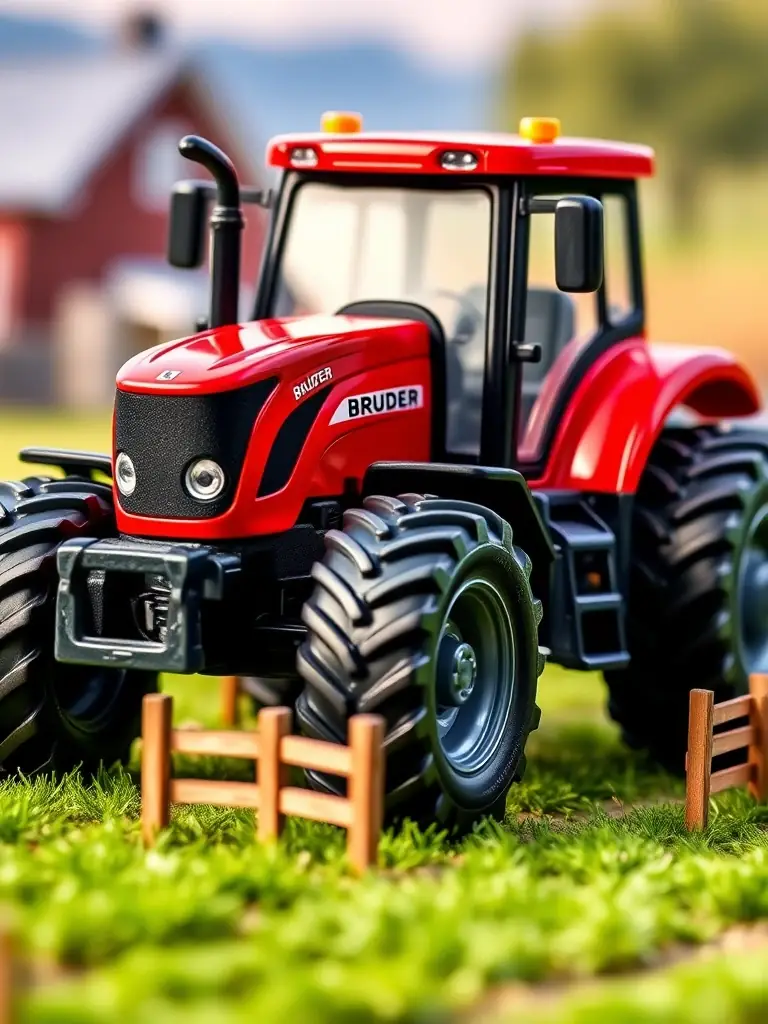 A close-up shot of a Bruder toy tractor on a miniature farm set, showcasing its functionality and durability. The background is blurred to emphasize the toy.