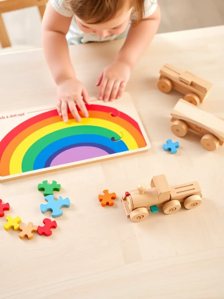 A colorful assortment of Melissa & Doug puzzles and wooden toys, arranged to showcase the variety and educational value of the products. A child is reaching for a puzzle.