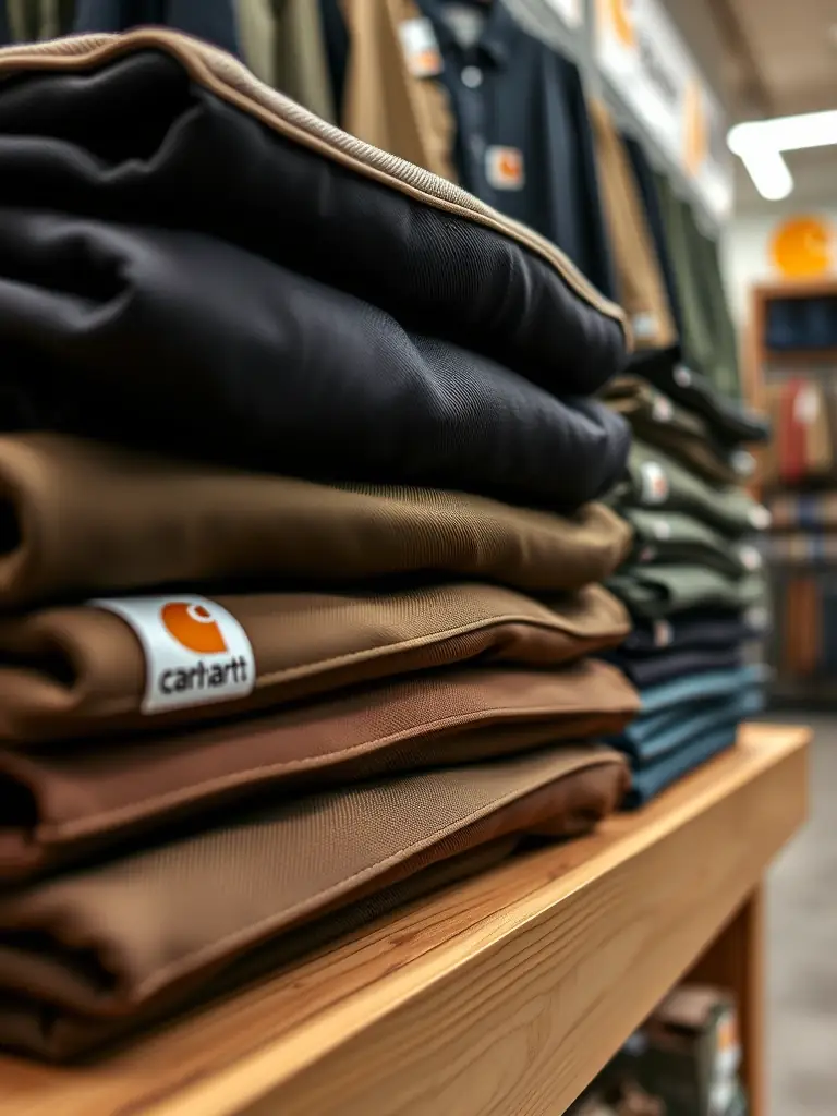 A close-up shot of a stack of Carhartt work pants in various colors, neatly folded on a wooden shelf at Weaver's Store in Denver, highlighting the durability and quality of the fabric.