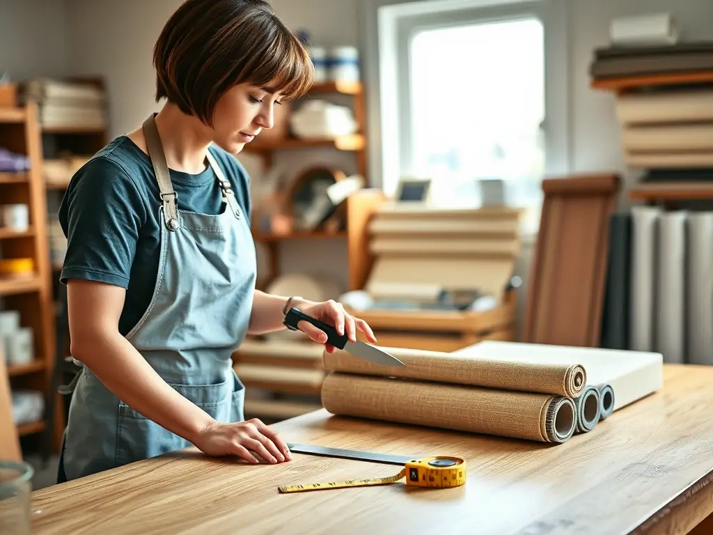 A Weaver's Store employee expertly cutting a roller shade to a customer's specified dimensions, showcasing the store's custom cutting services.