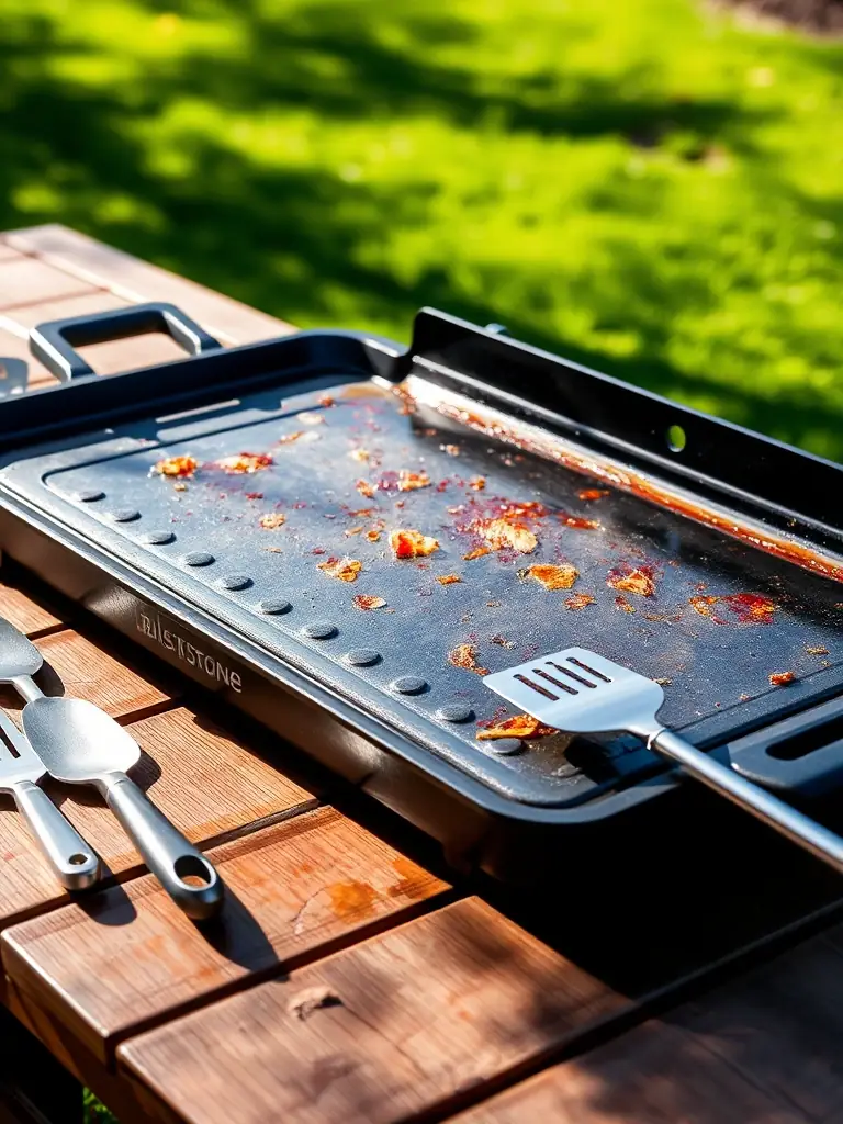 A high-quality photograph showcasing a Blackstone griddle set up for cooking outdoors, with various grilling tools and accessories arranged around it. The setting should evoke a sense of outdoor cooking and adventure.