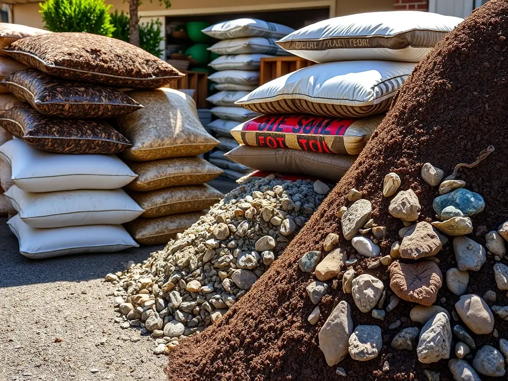 A selection of bagged landscaping materials, such as mulch, potting soil, and decorative stones, stacked neatly in the outdoor area of Weaver's Store in Spring Mills.