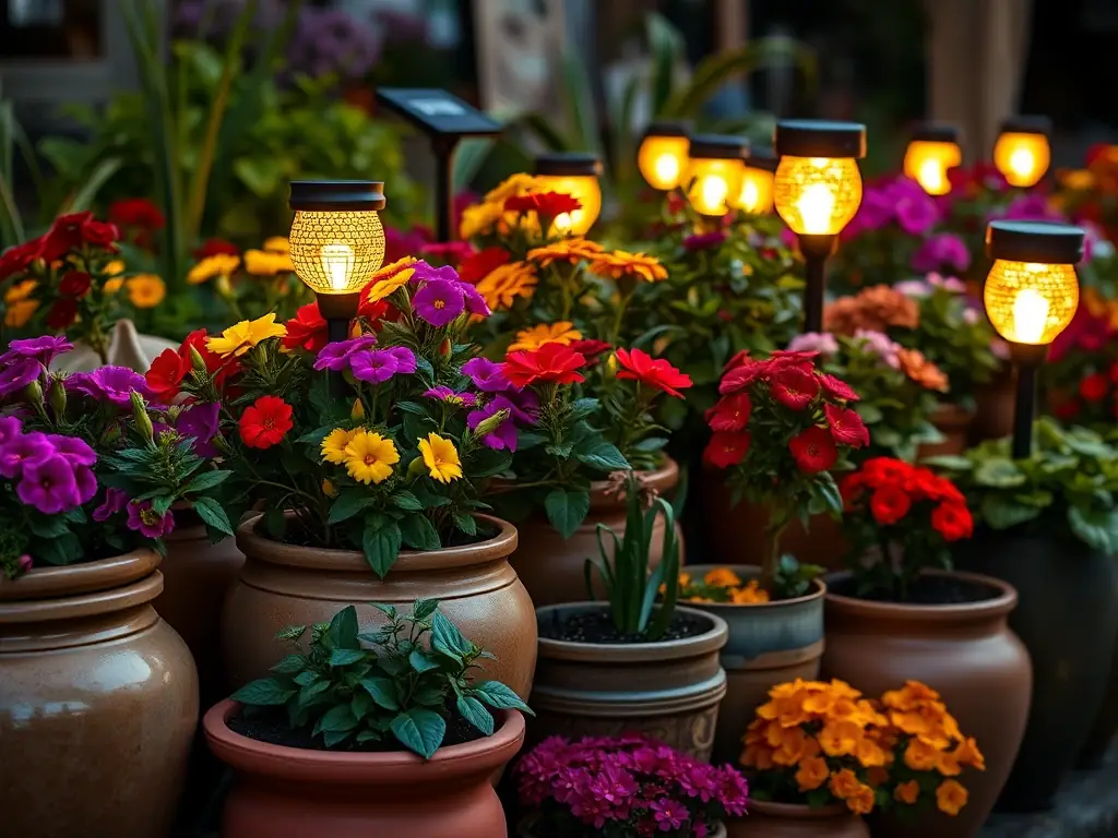 A visually appealing image featuring a selection of planters and solar lights displayed in a garden setting at Weaver's Store in Denver. The planters are filled with colorful flowers, and the solar lights are casting a warm glow.