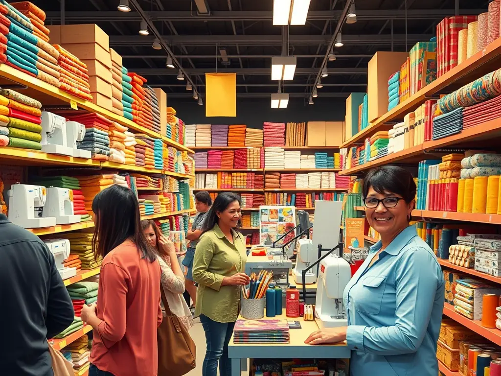 A brightly lit aisle in the sewing and crafts department of Weaver's Store, showcasing a wide selection of fabrics, threads, and sewing machines. Customers are browsing the materials, with a friendly staff member assisting them.