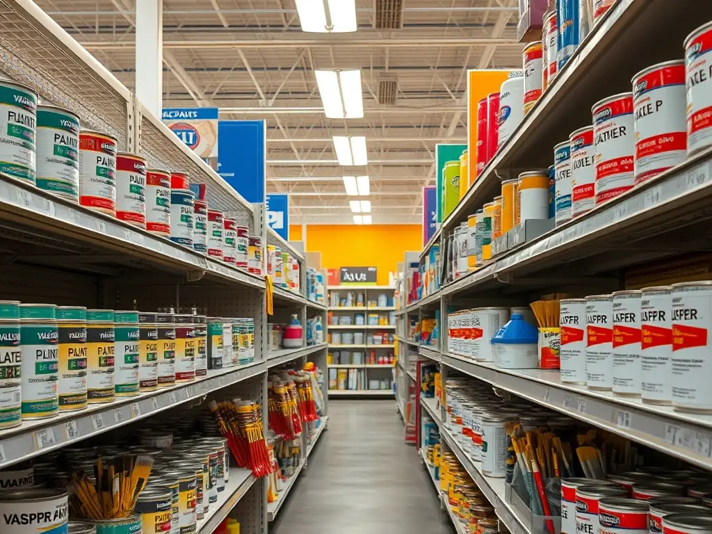 A well-organized paint section in Weaver's Store, Denver, featuring a variety of Valspar and Rust-Oleum paints, brushes, and related supplies, showcasing the breadth of options available for painting projects.