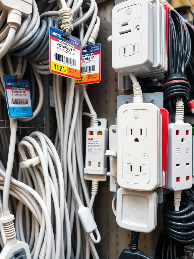 A selection of extension cords, power strips, and surge protectors displayed on a rack, with clear signage indicating their amperage and voltage ratings in the Leola store.