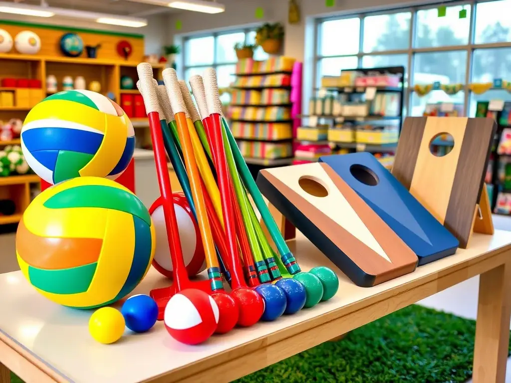 A clear image of various outdoor games like volleyball, croquet, and cornhole sets, arranged in an inviting display at the Denver store.