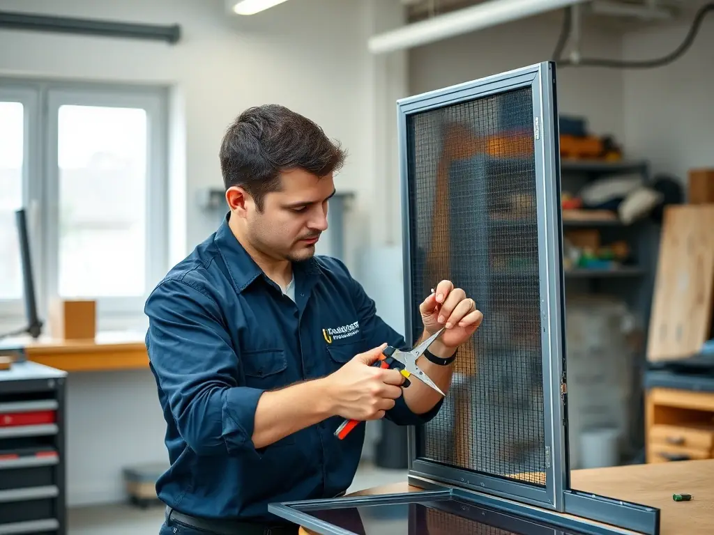 A Weaver's Store technician repairing a window screen, demonstrating the store's screen and window repair services.