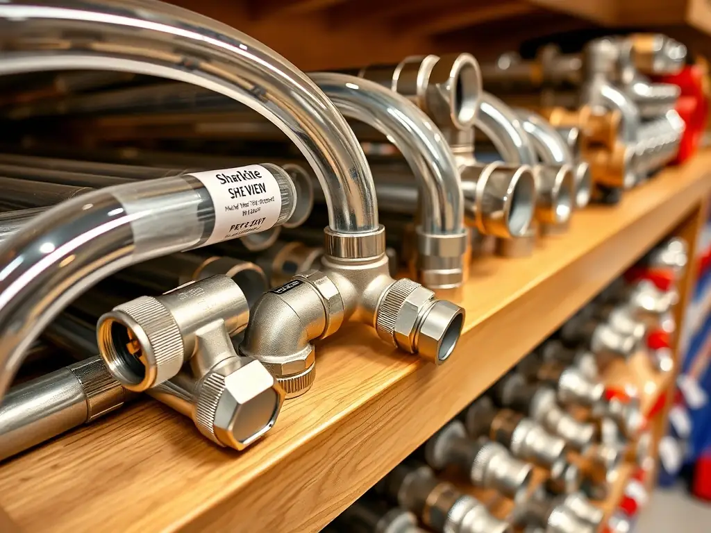 A close-up shot of an assortment of PEX pipes and SharkBite fittings, neatly arranged on a shelf in the plumbing aisle of Weaver's Store.