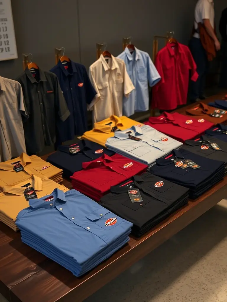 A photograph of a range of Dickies work shirts and pants, neatly arranged on a display table, showcasing the variety of colors and sizes available at Weaver's Store in Denver.
