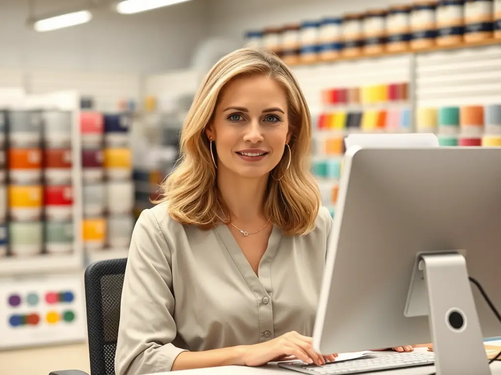 A Weaver's Store employee using a computer to precisely match a paint color for a customer, highlighting the store's color matching and paint mixing services.