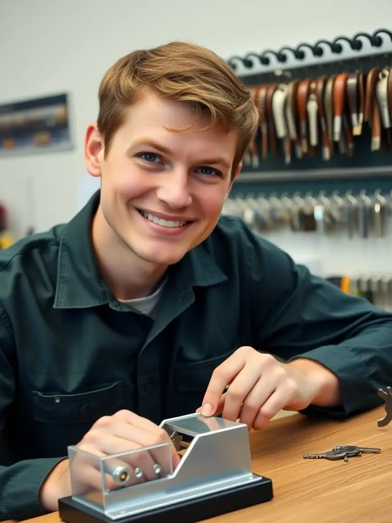 A Weaver's Store employee using a key cutting machine to duplicate a key for a customer, demonstrating the key cutting service.