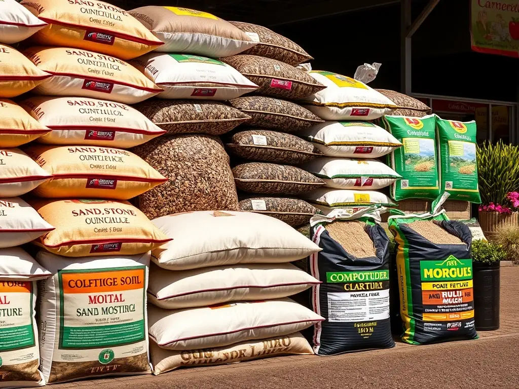 A colorful image displaying an assortment of bagged sand, stone, mulch, potting soil, and composted cow manure in the outdoor section of Weaver's Store in Denver. The bags are neatly stacked, and the surrounding area is clean and organized.