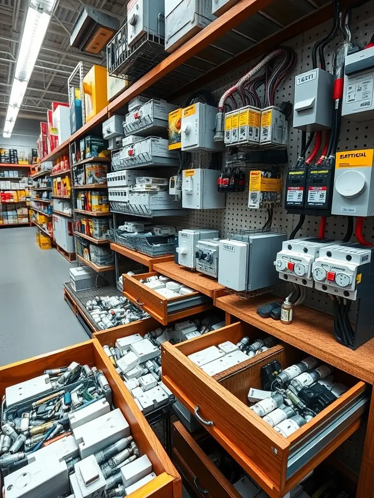 An assortment of electrical components, such as switches, outlets, circuit breakers, and fuses, organized in labeled bins and drawers in the Leola store's electrical department.