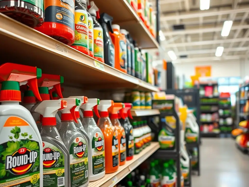A variety of plant sprays and herbicides, including Round Up and Spectracide, displayed on shelves in the lawn and garden section of Weaver's Store in Spring Mills.