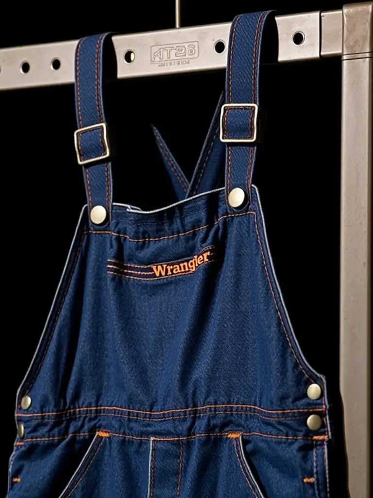 A detailed image of Wrangler denim bib overalls hanging on a rack, emphasizing the reinforced stitching and functional pockets, available at Weaver's Store in Denver.