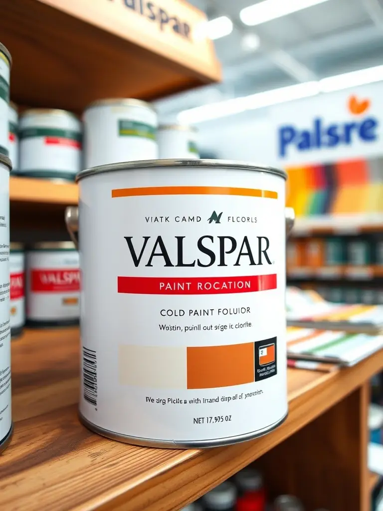 A close-up shot of a Valspar paint can, showcasing its label and color swatches, in the Weaver's Store Leola paint department.