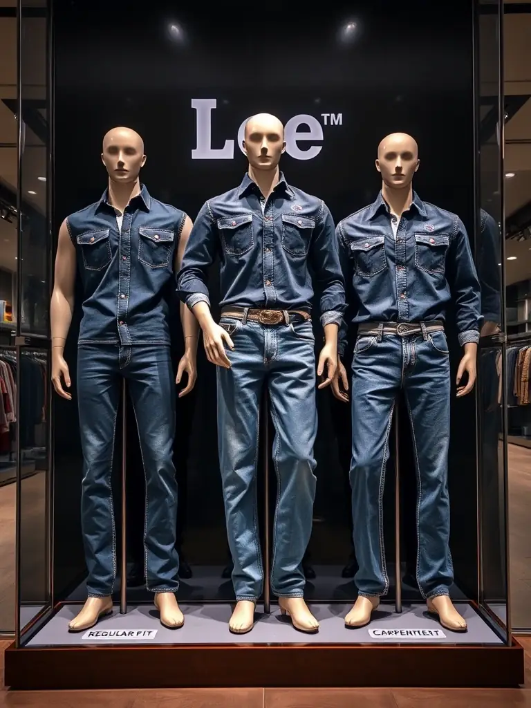 A well-lit display of different styles of Lee jeans, including regular fit, relaxed fit, and carpenter jeans, showcased on mannequins in the men's clothing section of Weaver's Store in Denver.