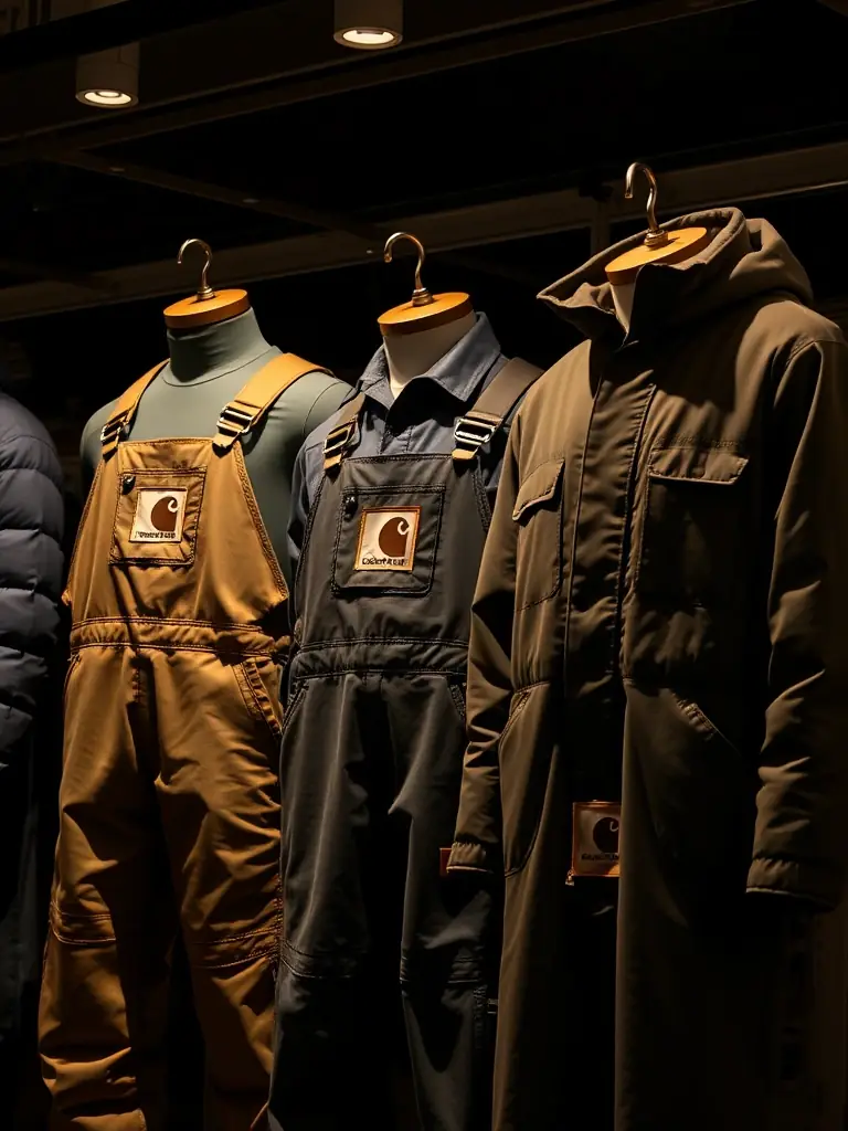 A display of Carhartt insulated bib overalls, coveralls, and coats at Weaver's Store, highlighting the store's selection of workwear.