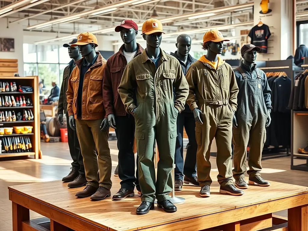 A well-lit photo showcasing a variety of Carhartt products, including jackets, overalls, and hats, displayed on mannequins in the Weaver's Store Denver location. The setting should emphasize the durability and ruggedness of the Carhartt brand.