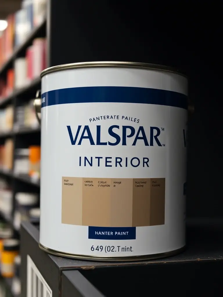 A close-up shot of a can of Valspar interior paint, showcasing its label and color swatch, in the paint section of Weaver's Store Leola.