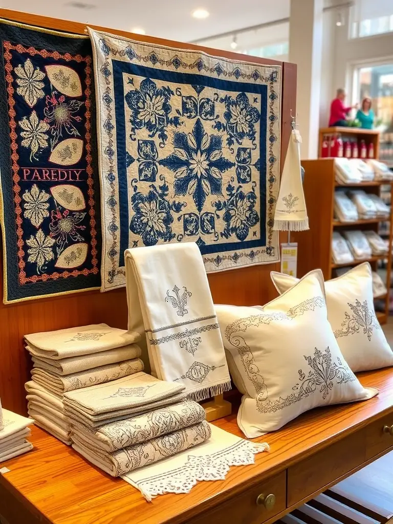 A display of Jack Dempsey Needle Art products at Weaver's Store in Denver, featuring quilt blocks, table toppers, decorative hand towels, and pillowcases.