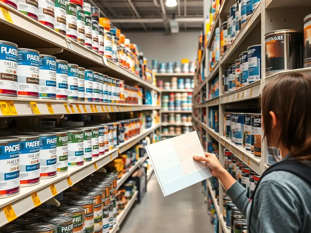 A well-organized paint section in a hardware store, featuring various brands and colors of paints, stains, and primers on shelves, with a customer browsing the selection.