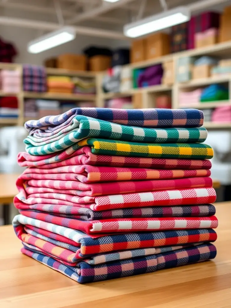 A close-up shot of a neatly stacked collection of colorful flannel fabrics in the Weaver's Store Spring Mills sewing department, showcasing various patterns and textures.