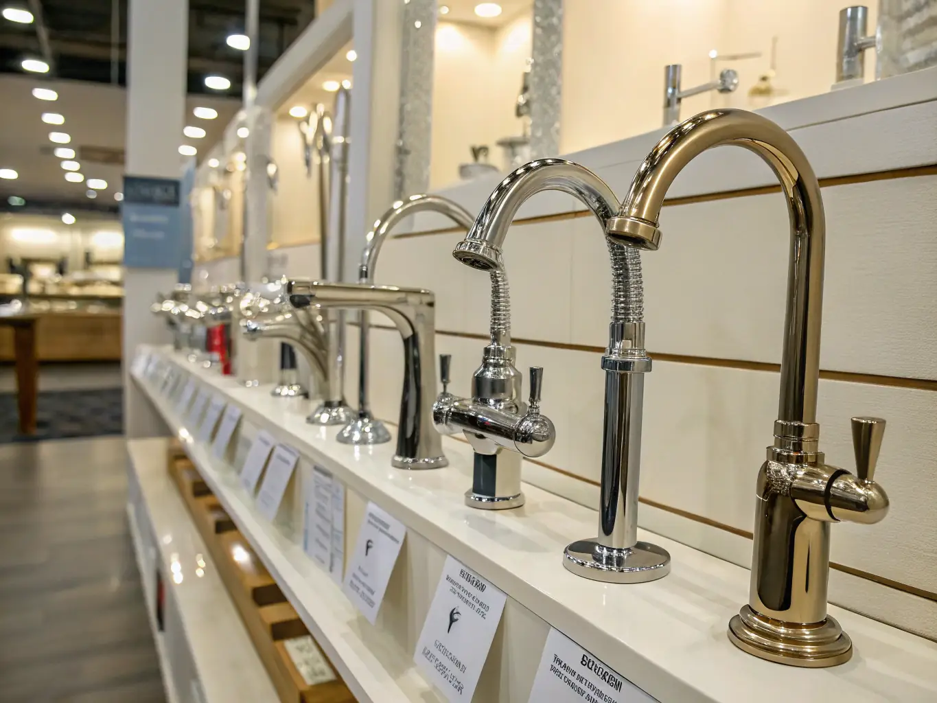 A display featuring various faucets and plumbing fixtures, including kitchen faucets, bathroom faucets, and showerheads, at Weaver's Store in Leola.