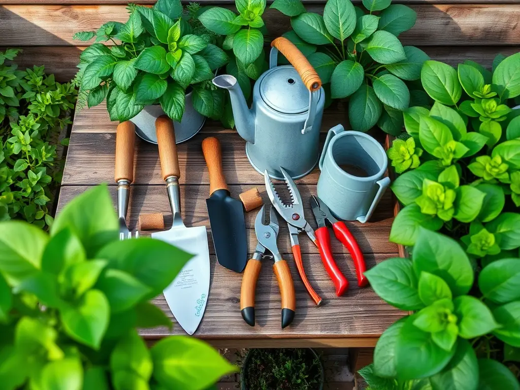 A well-organized display of various gardening hand tools, including trowels, hand rakes, and cultivators, neatly arranged on a wooden shelf in the Spring Mills Weaver's Store.
