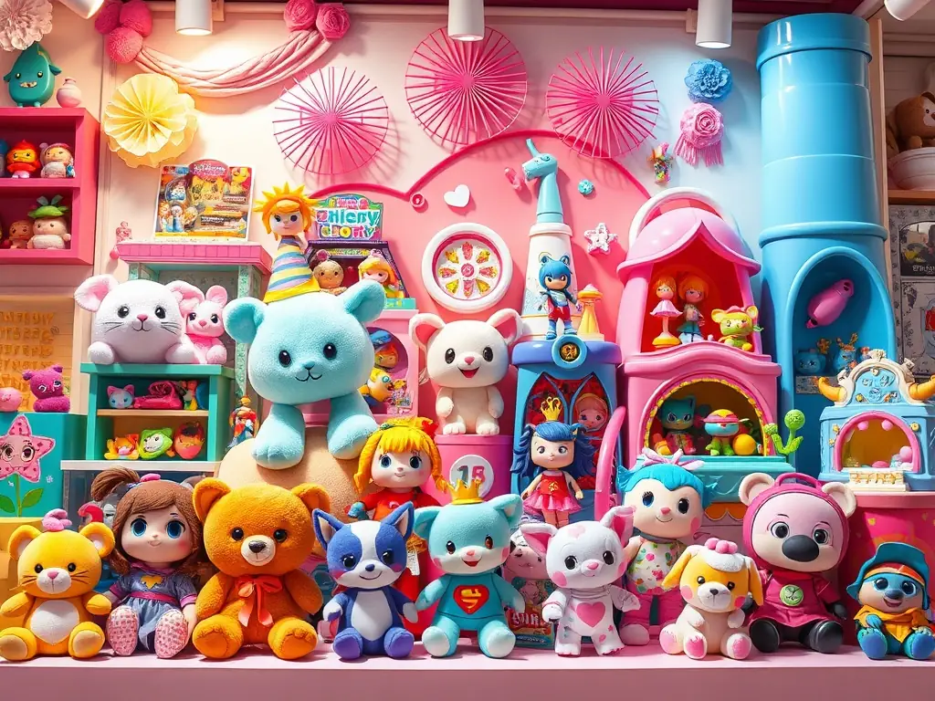 A vibrant and colorful toy section in a store, filled with various toys, games, and plush animals, creating a playful and inviting atmosphere.