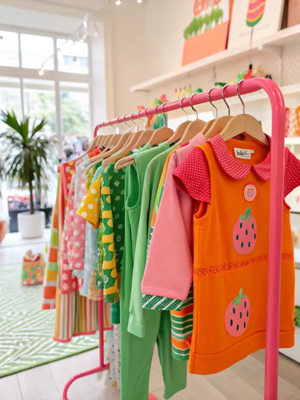 A brightly lit, inviting display of children's clothing at Weaver's Store in Denver, featuring colorful outfits and a playful atmosphere.
