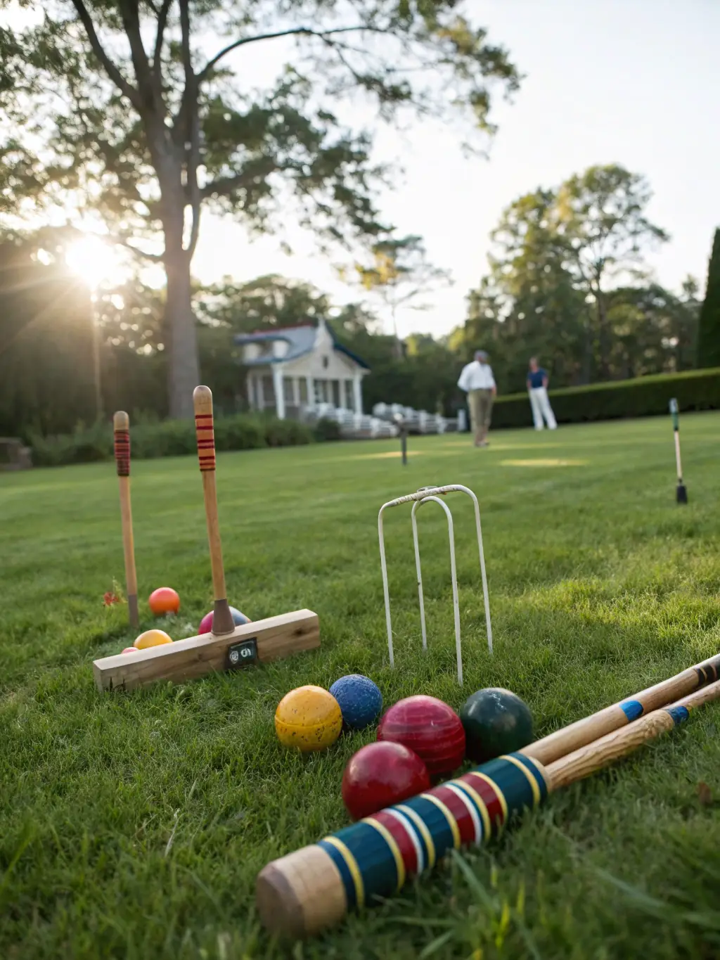 A high-angle, vibrant photograph showcasing a variety of outdoor games such as volleyball, croquet, horseshoes, and badminton, neatly arranged on a green lawn, under a bright sunny sky, emphasizing fun and recreation.