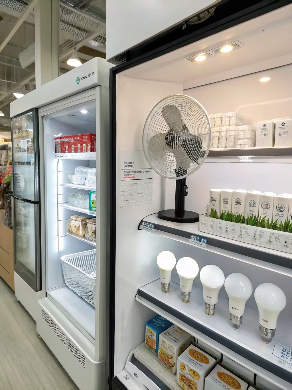 A display of various light fixtures, including LED recessed lighting, pendant lights, and outdoor security lights, illuminated in a showroom setting within the Leola store.