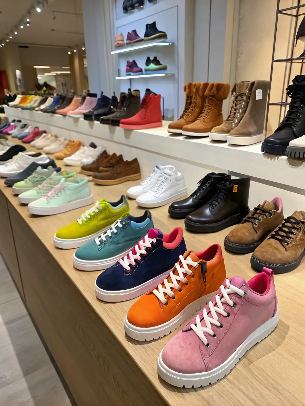 A colorful display of children's sandals, featuring various sizes and fun designs, arranged on a shelf in the childrenswear department of Weaver's Store.