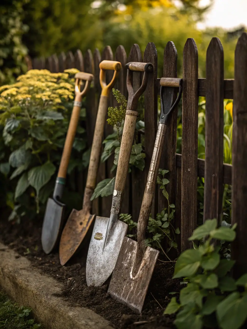 A close-up shot of various hand tools like shovels, rakes, and trowels neatly arranged in the Leola store's lawn and garden section, showcasing their quality and variety.