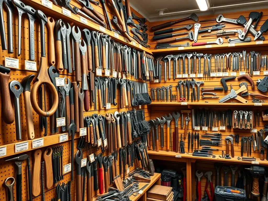 A well-organized hardware section in a store, featuring tools, equipment, and various supplies, with a focus on organization and variety.