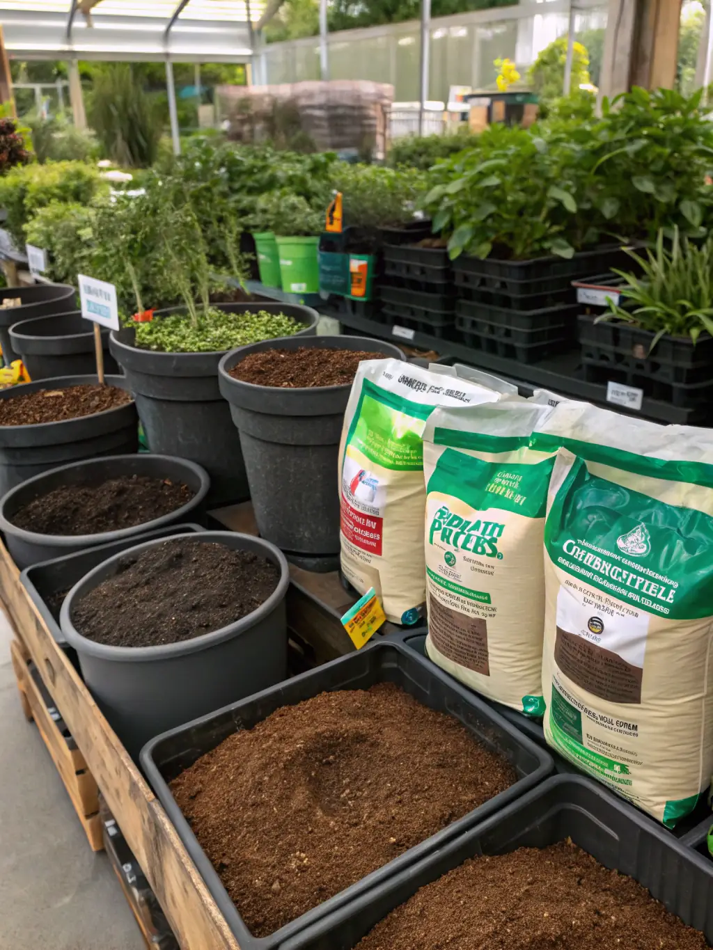 A colorful display of bagged sand, stone, mulch, potting soil, and composted cow manure at the Leola location, highlighting the variety of soil and landscaping options.