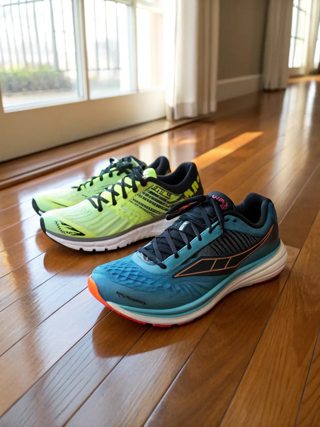 A pair of New Balance running shoes displayed on a track, emphasizing their athletic design and suitability for running and fitness activities.
