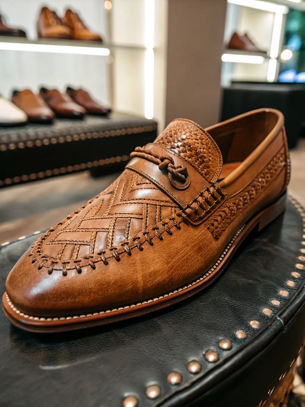 A pair of classic leather dress shoes for men, polished and presented elegantly, placed on a display stand in the menswear section of Weaver's Store.