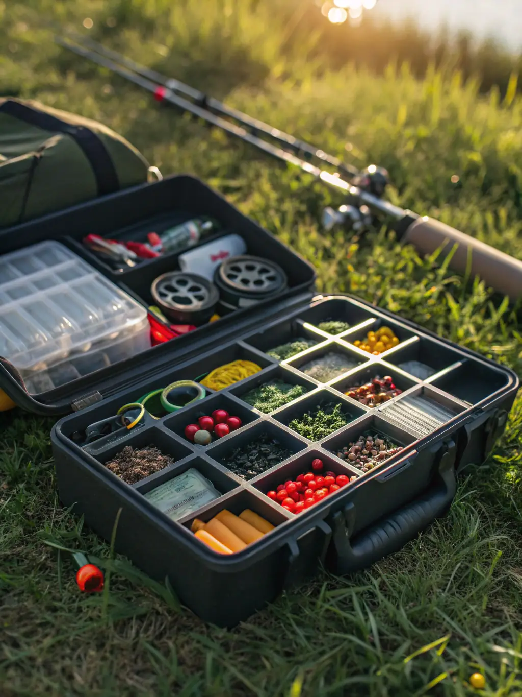 A close-up shot of various fishing accessories, including colorful lures, fishing line spools, hooks, and a tackle box, arranged on a weathered wooden dock, with a blurred lake background.
