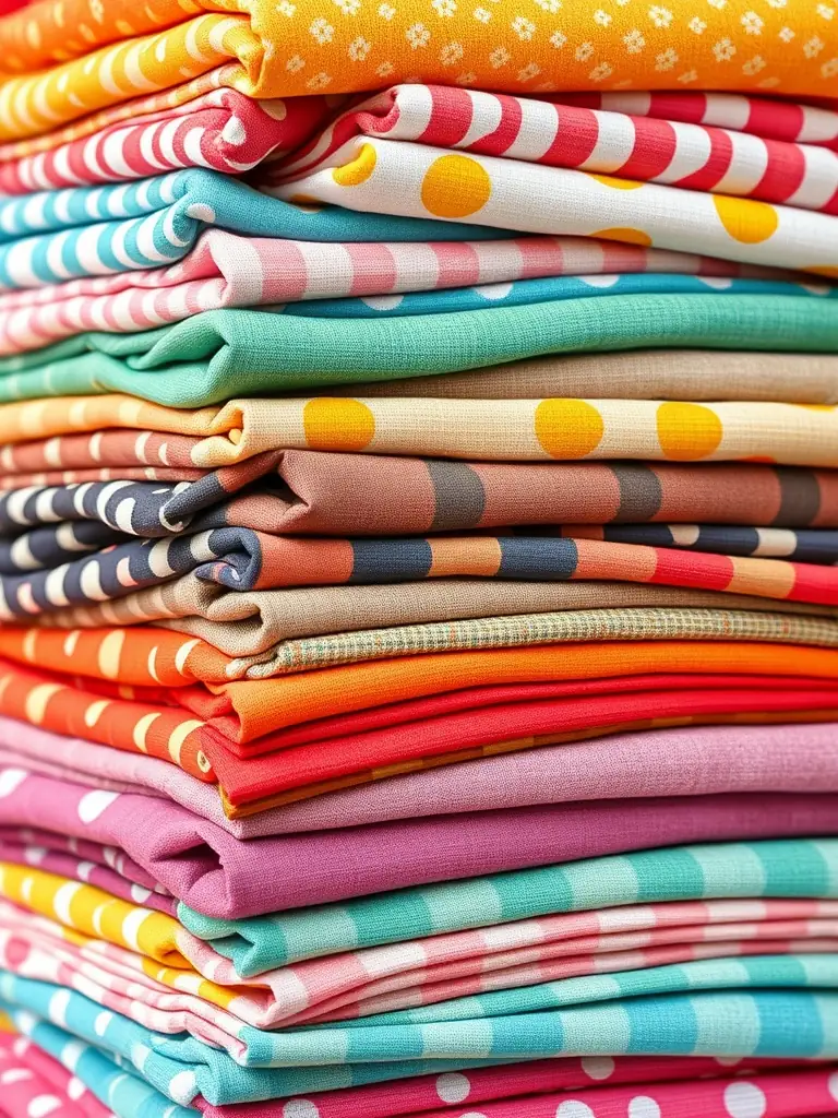A detailed image showcasing a variety of 100% cotton quilting fabrics at Weaver's Store in Spring Mills, highlighting intricate patterns and vibrant colors.