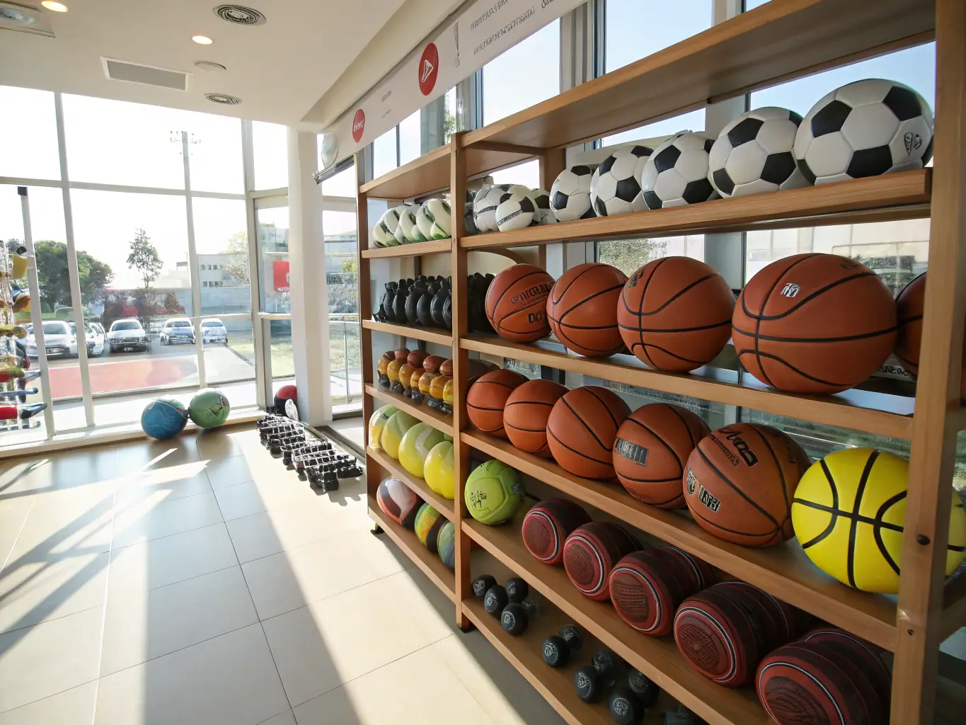 A sporting goods section in a store, showcasing equipment for various sports and outdoor activities, including balls, rackets, and athletic wear.