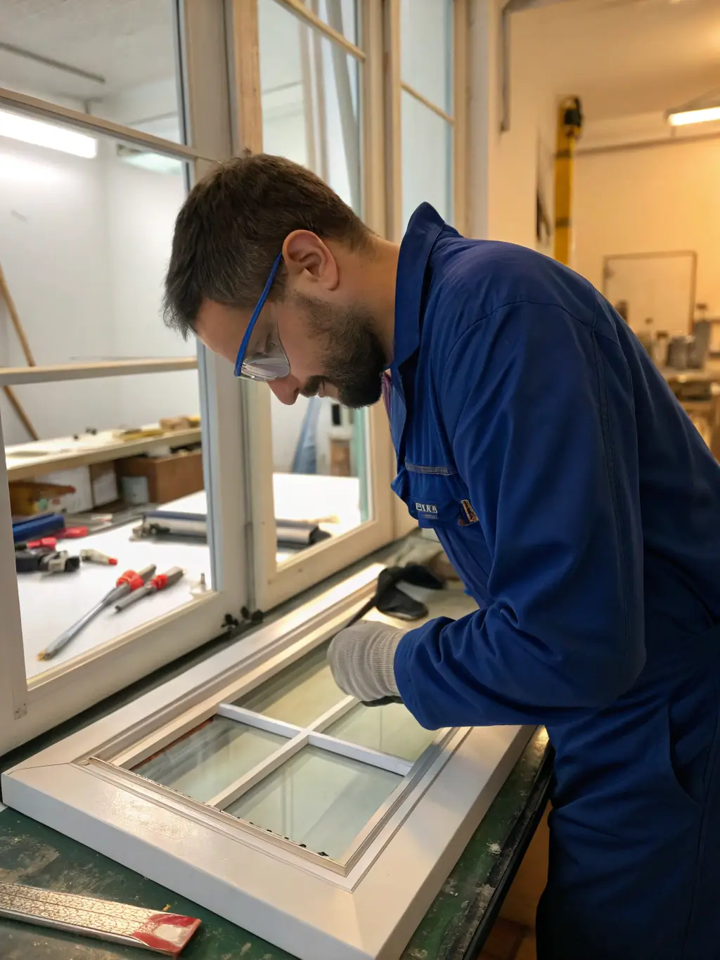 A Weaver's Store technician carefully repairing a window screen, replacing damaged mesh with new material, highlighting the window repair service.